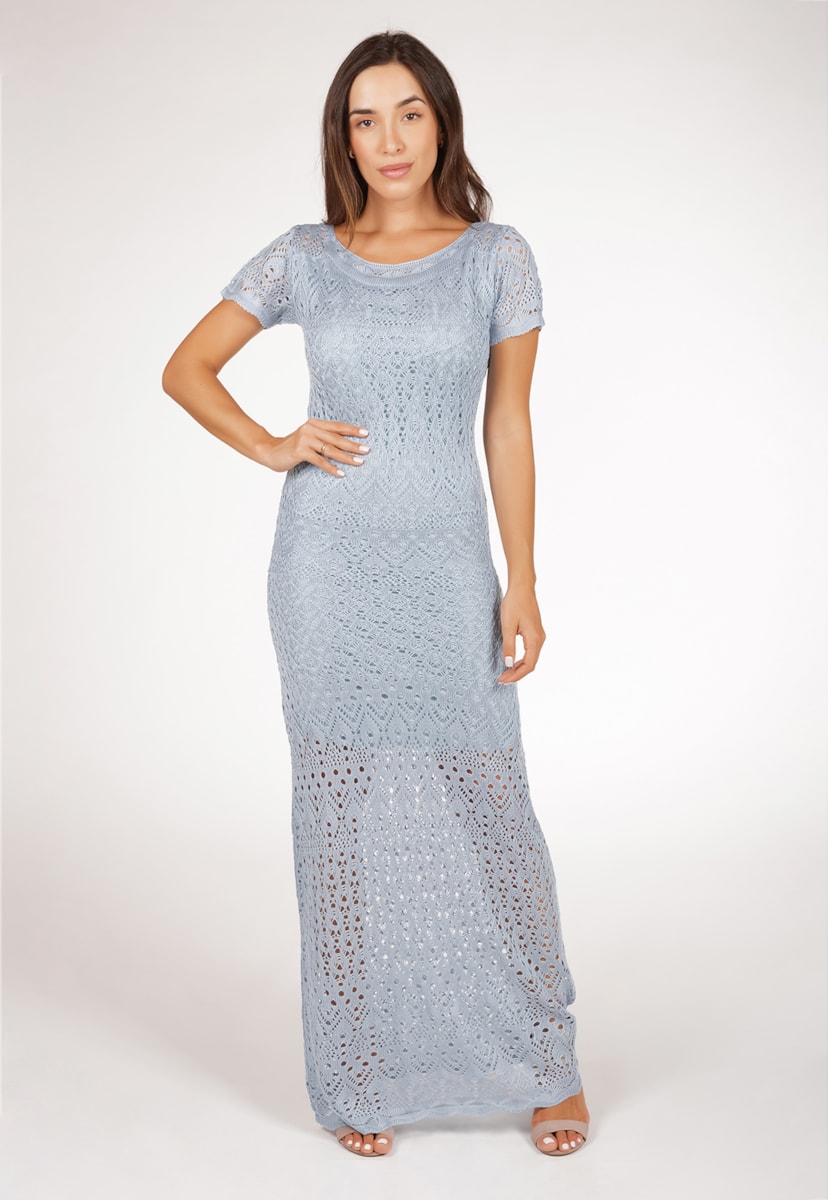 Vestido Longo Para Festa De Casamento Pink Tricot Rendado de Tricô Com Manga Curta Feminino Azul Claro