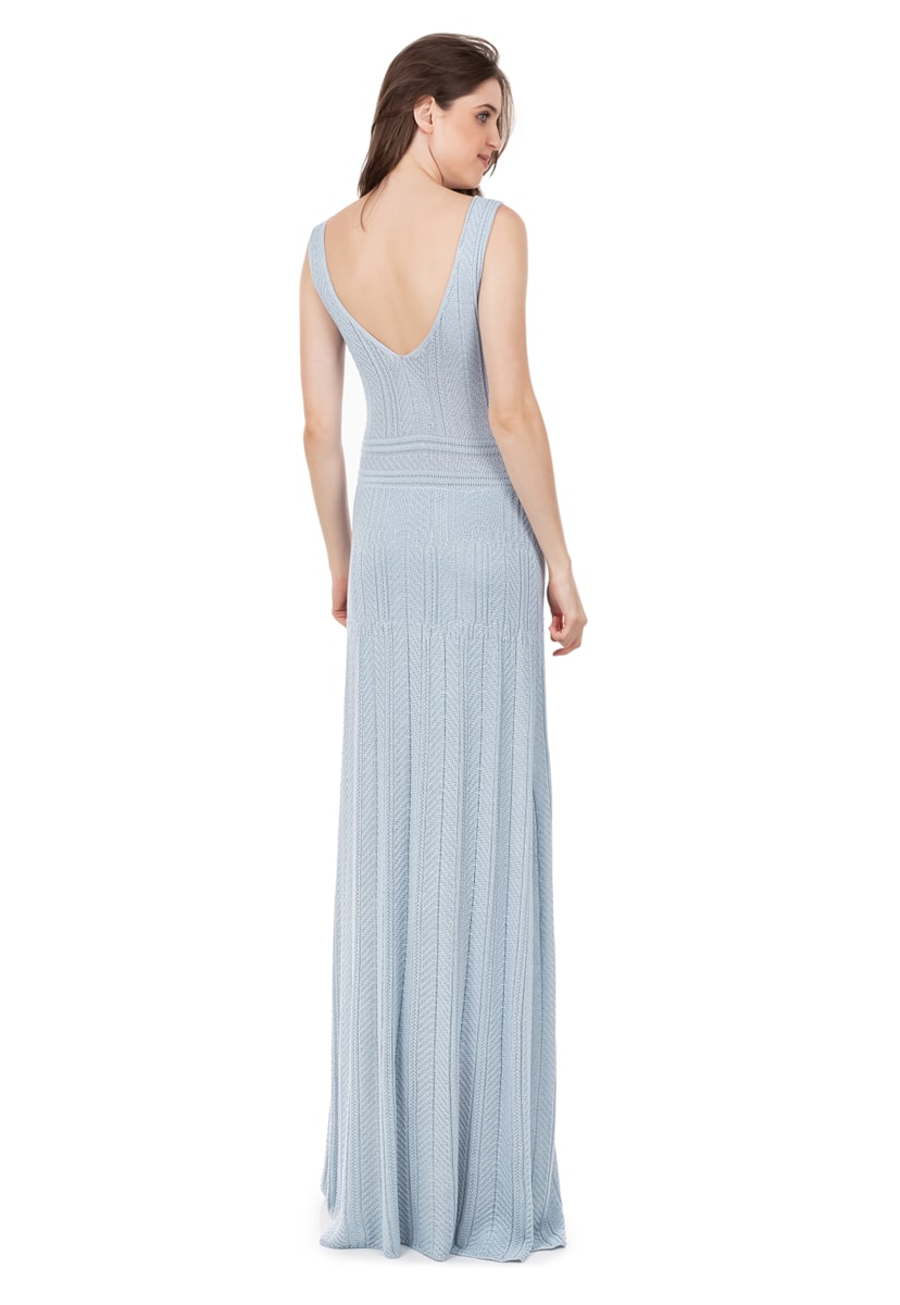 Vestido Longo Para Festa De Formatura de Tricot Decote V Rodado Feminino Azul