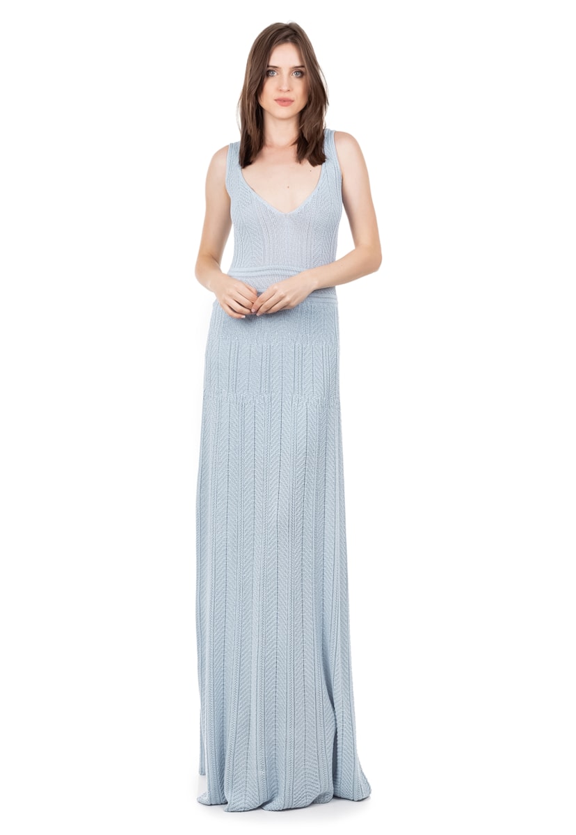 Vestido Longo Para Festa De Formatura de Tricot Decote V Rodado Feminino Azul