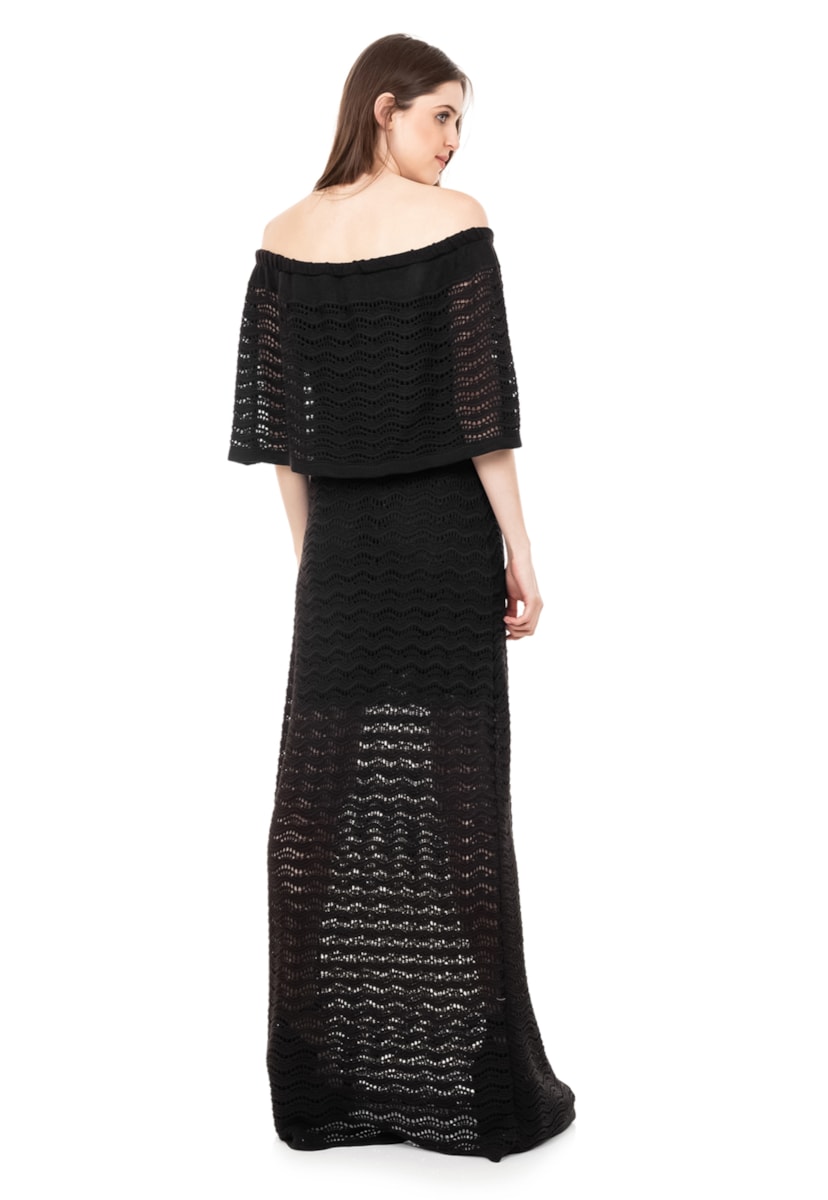 Vestido Longo Para Festa De Formatura de Tricot Renda Pala Ombro a Ombro Feminino Preto