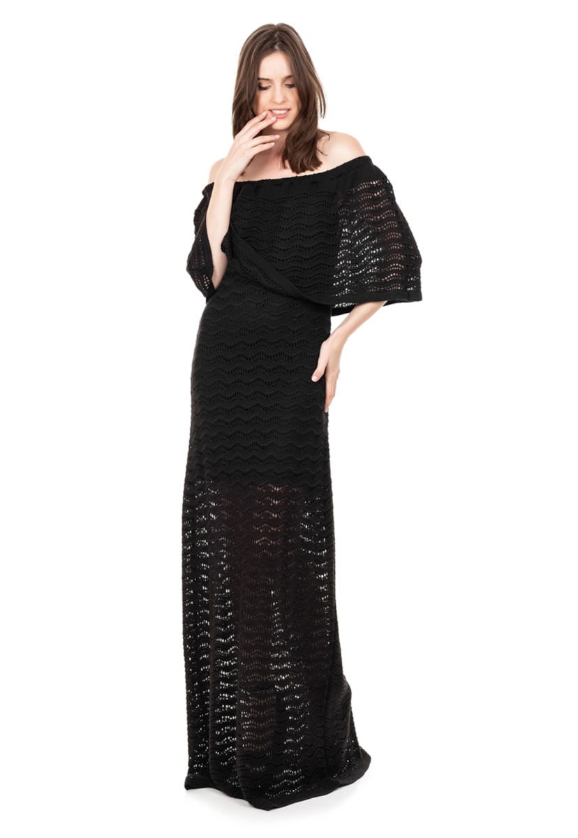 Vestido Longo Para Festa De Formatura de Tricot Renda Pala Ombro a Ombro Feminino Preto