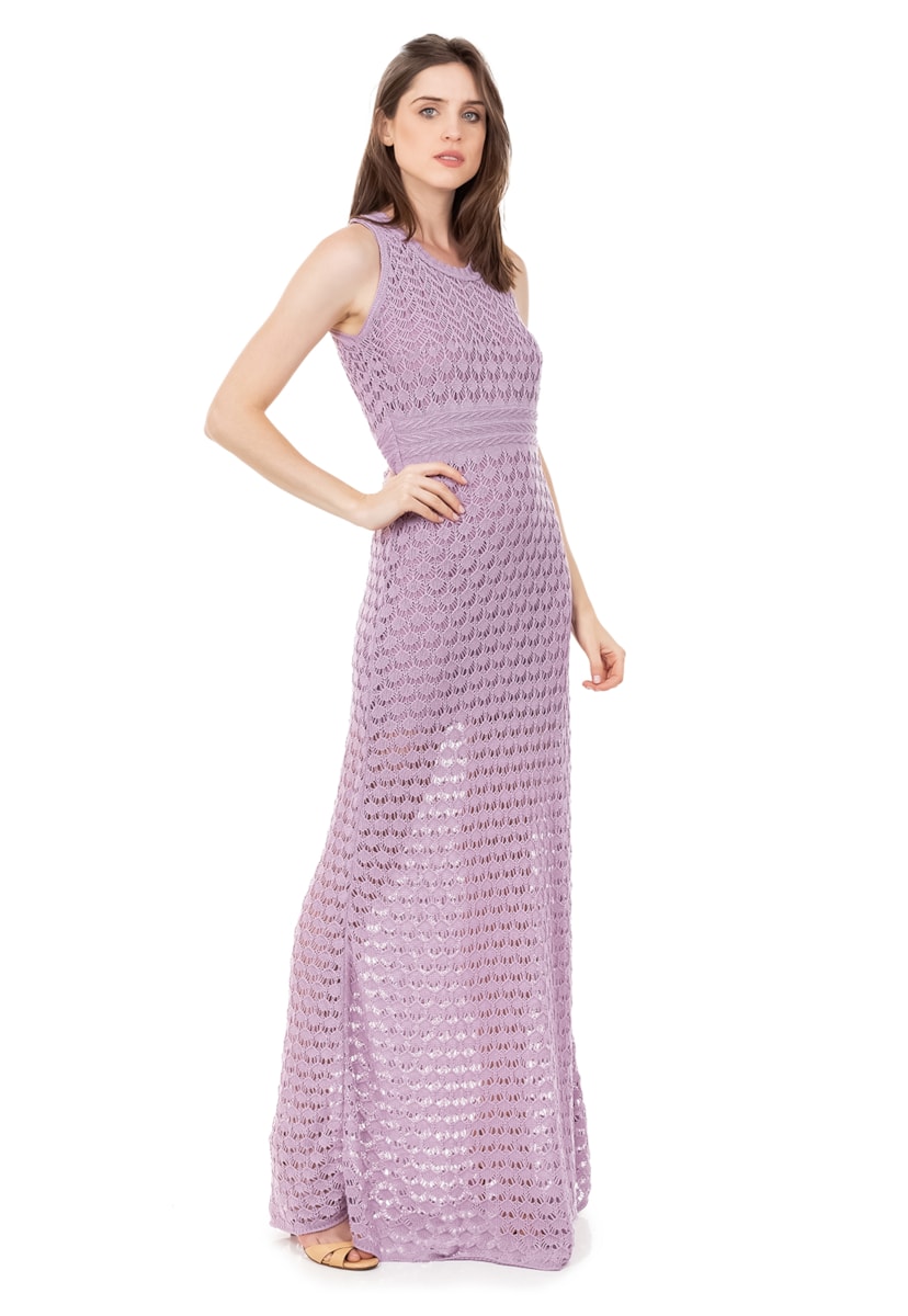 Vestido Longo Para Festa De Formatura de Tricot Renda Rodado Feminino Lilás