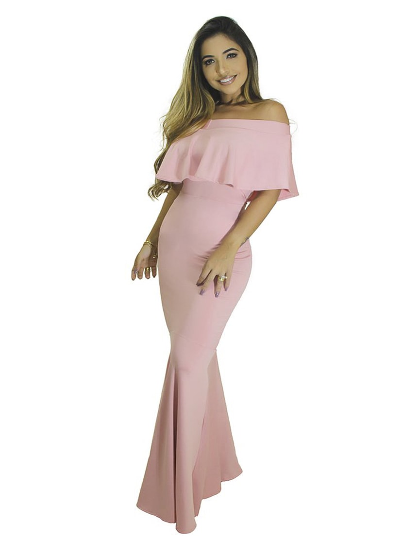 Vestido Longo Para Festa De Formatura Ombro a Ombro com Babado Frontal Sereia Rosa