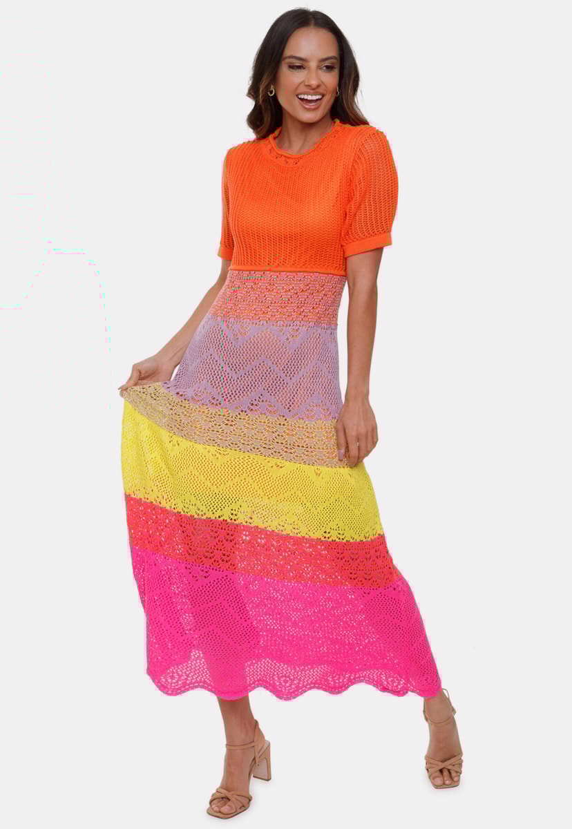 Vestido Longo Pink Tricot Anne de Tricô Rendado Multicolorido Com 4 Cores Manga Curta Feminino Laranja/Pink