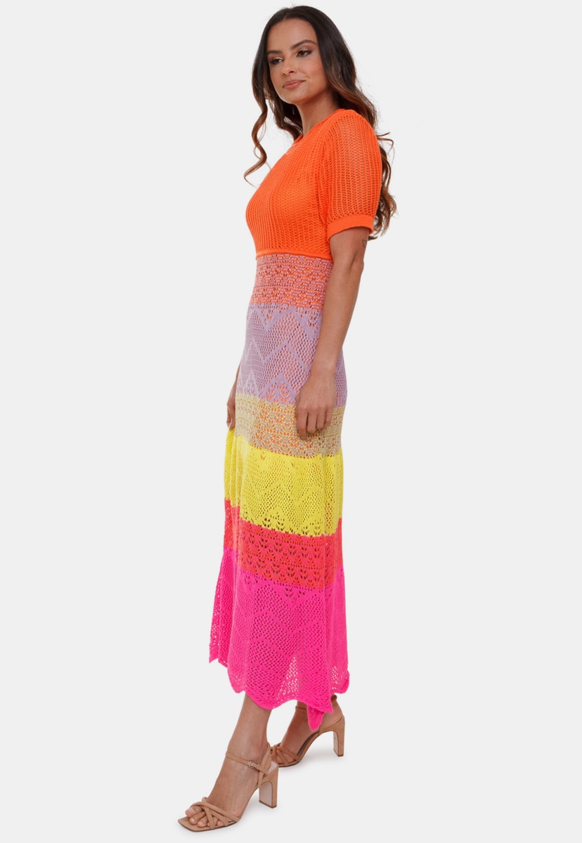 Vestido Longo Pink Tricot Anne de Tricô Rendado Multicolorido Com 4 Cores Manga Curta Feminino Laranja/Pink