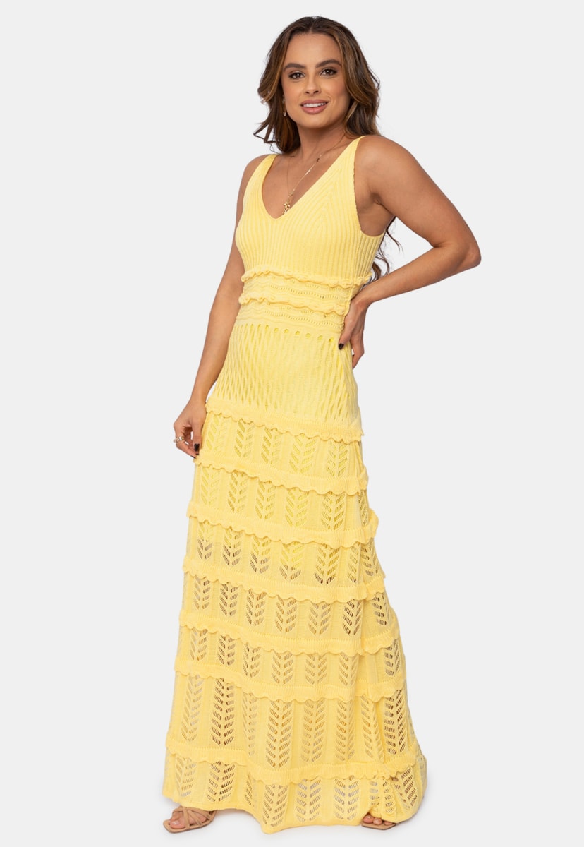 Vestido Longo Pink Tricot de Tricô Rendado e Franjas Com Alças Finas Feminino Amarelo Lolita