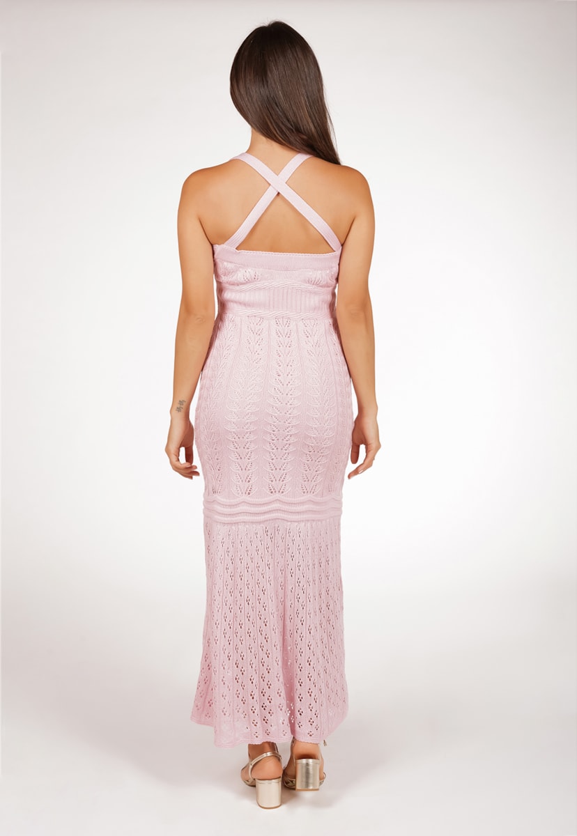 Vestido Longo Pink Tricot Feminino Decote V E Frente Única Com Transpassado Nas Costas Rendado De Tricô Rosa