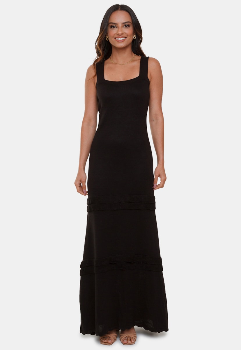 Vestido Longo Pink Tricot Lauana de Tricô Liso E Badabo Alças Feminino Preto