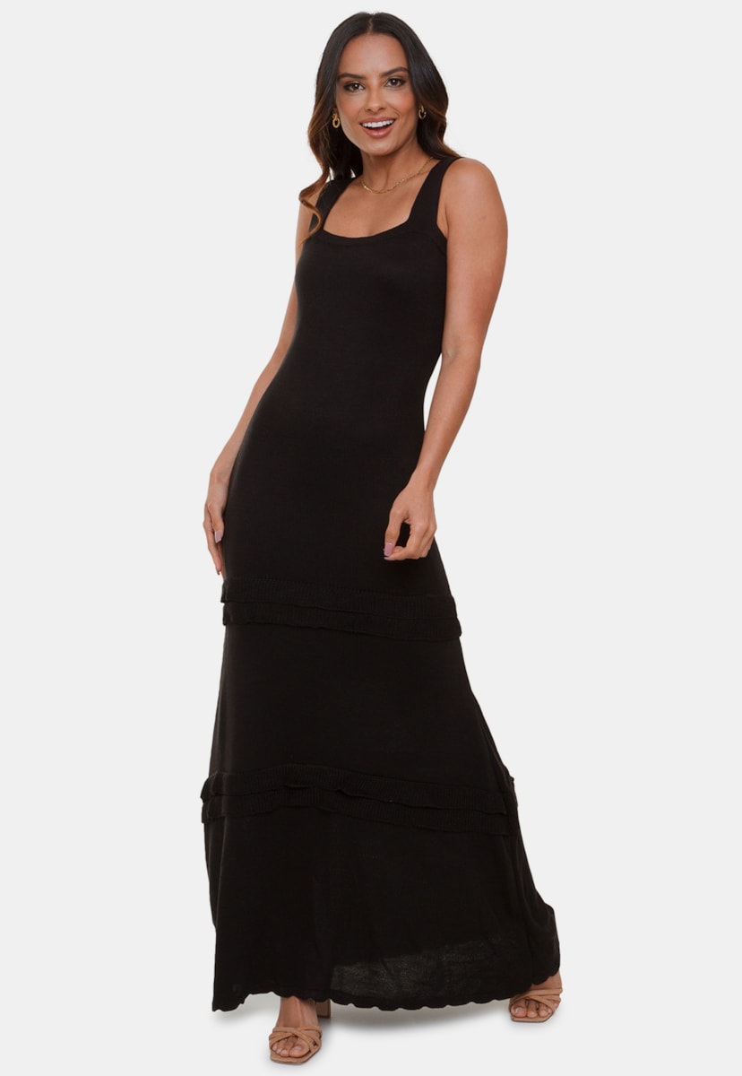 Vestido Longo Pink Tricot Lauana de Tricô Liso E Badabo Alças Feminino Preto
