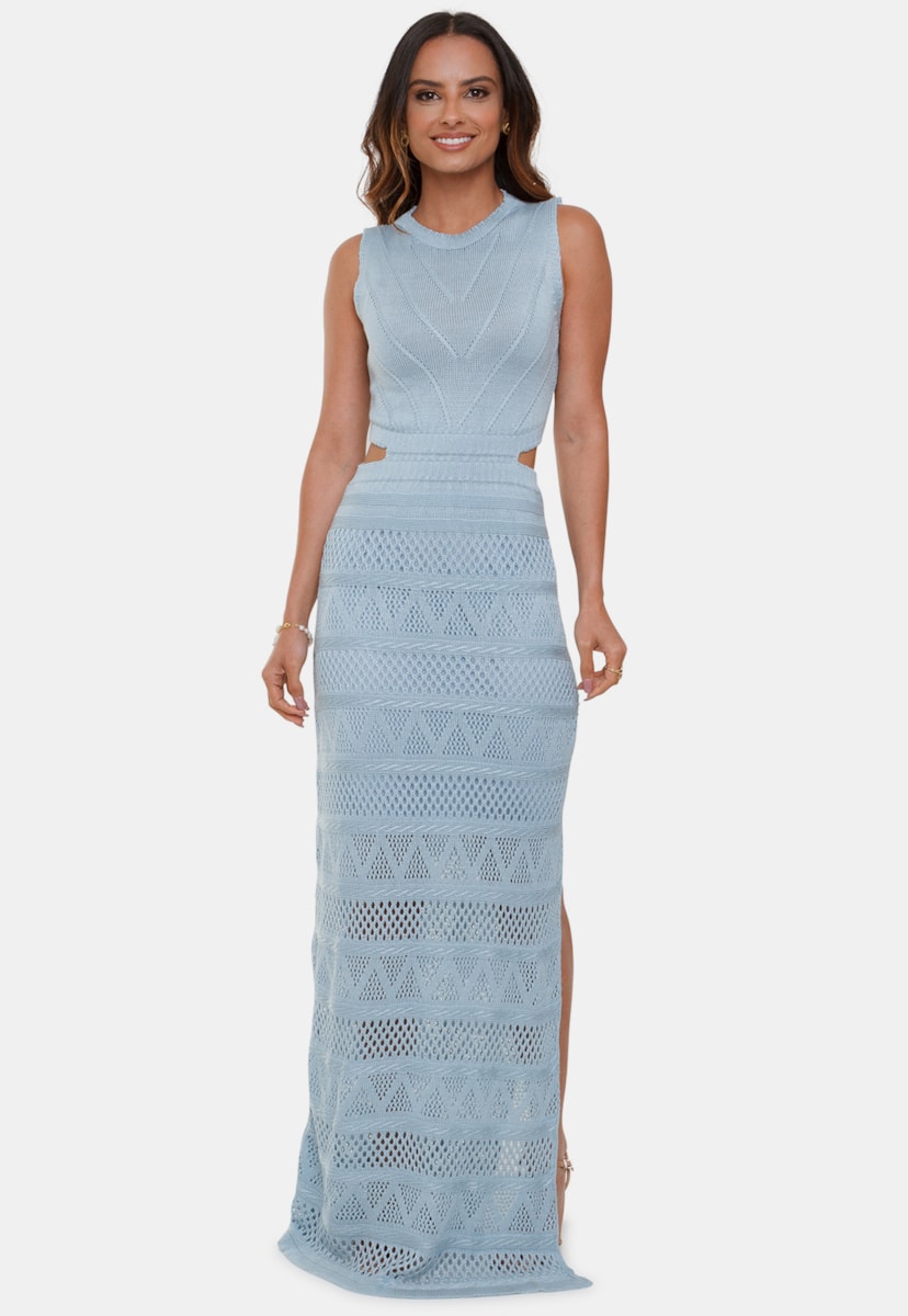 Vestido Longo Pink Tricot Nina de Tricô Renda Decote na Cintura Feminino Azul Claro