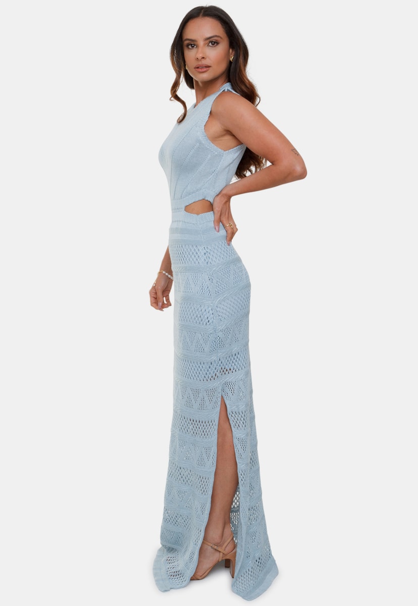 Vestido Longo Pink Tricot Nina de Tricô Renda Decote na Cintura Feminino Azul Claro