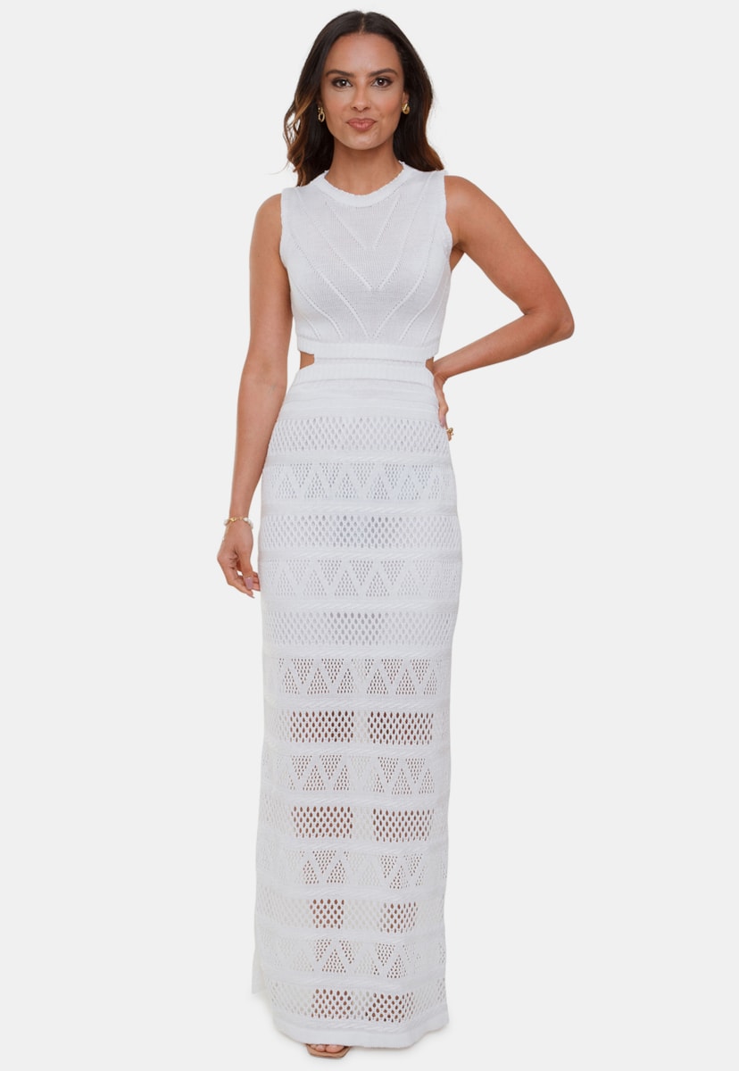 Vestido Longo Pink Tricot Nina Regata de Tricô Renda Com Decote na Cintura Feminino Branco