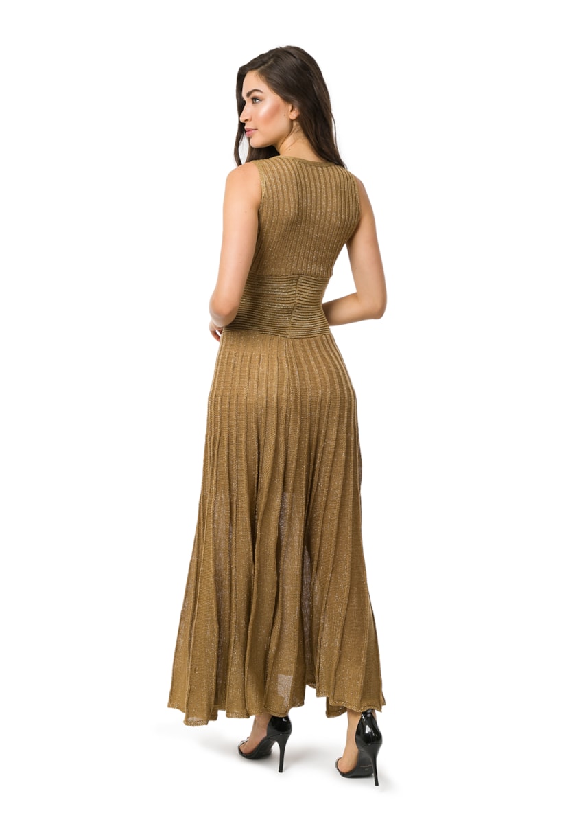 Vestido Longo Pink Tricot Para Festa De Casamento Plissado Com Lurex Liso Feminino Dourado