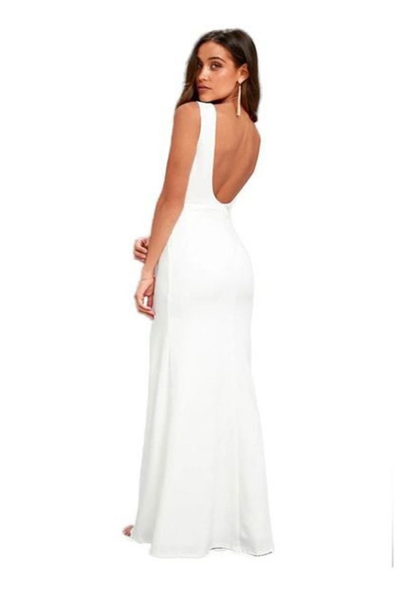 Vestido Longo Pink Tricot Para Festa De Casamento Regata com Fenda e Decote nas Costas Branco
