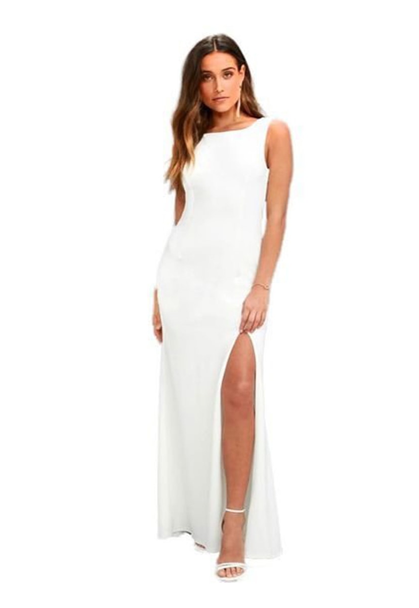 Vestido Longo Pink Tricot Para Festa De Casamento Regata com Fenda e Decote nas Costas Branco