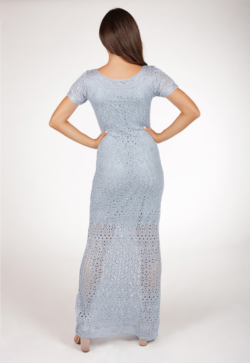 Vestido Longo Pink Tricot Para Gestante Rendado de Tricô Com Manga Curta Feminino Azul Claro
