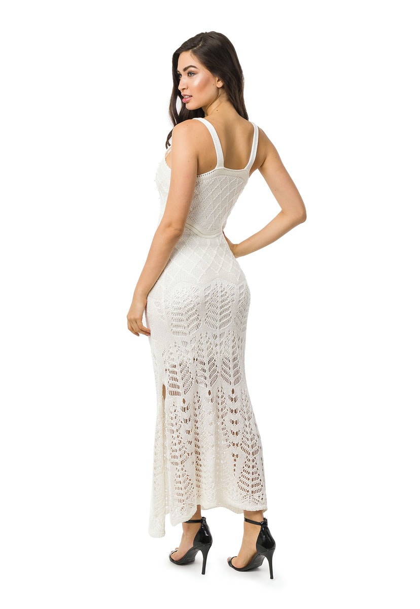 Vestido Longo Pink Tricot Rendado com Pérolas tricô com Fenda Feminino Off White