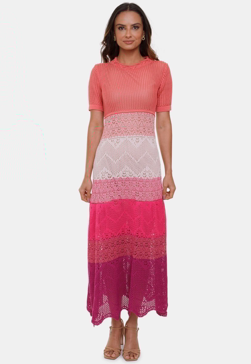 Vestido Longo Pink Tricot Rendado Multicolor Anne de Tricô 4 Cores Manga Curta Feminino Rosê/Violeta
