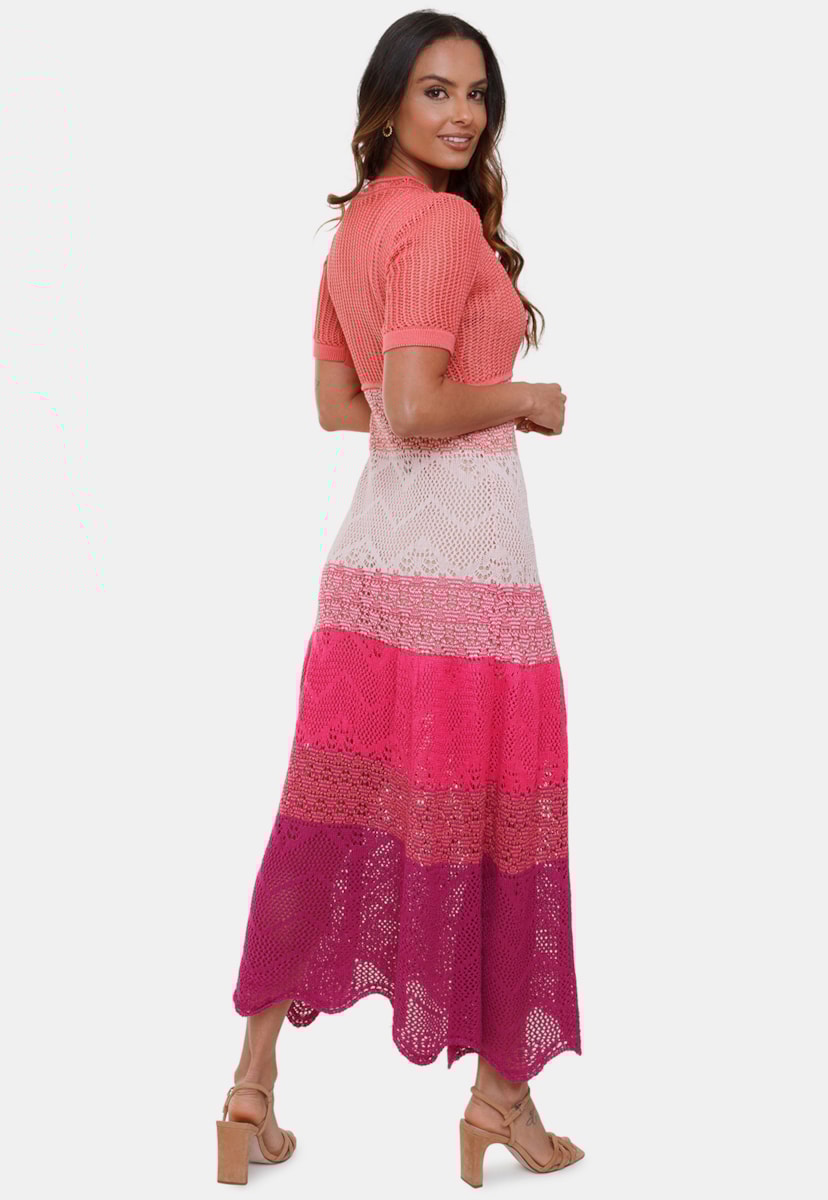 Vestido Longo Pink Tricot Rendado Multicolor Anne de Tricô 4 Cores Manga Curta Feminino Rosê/Violeta