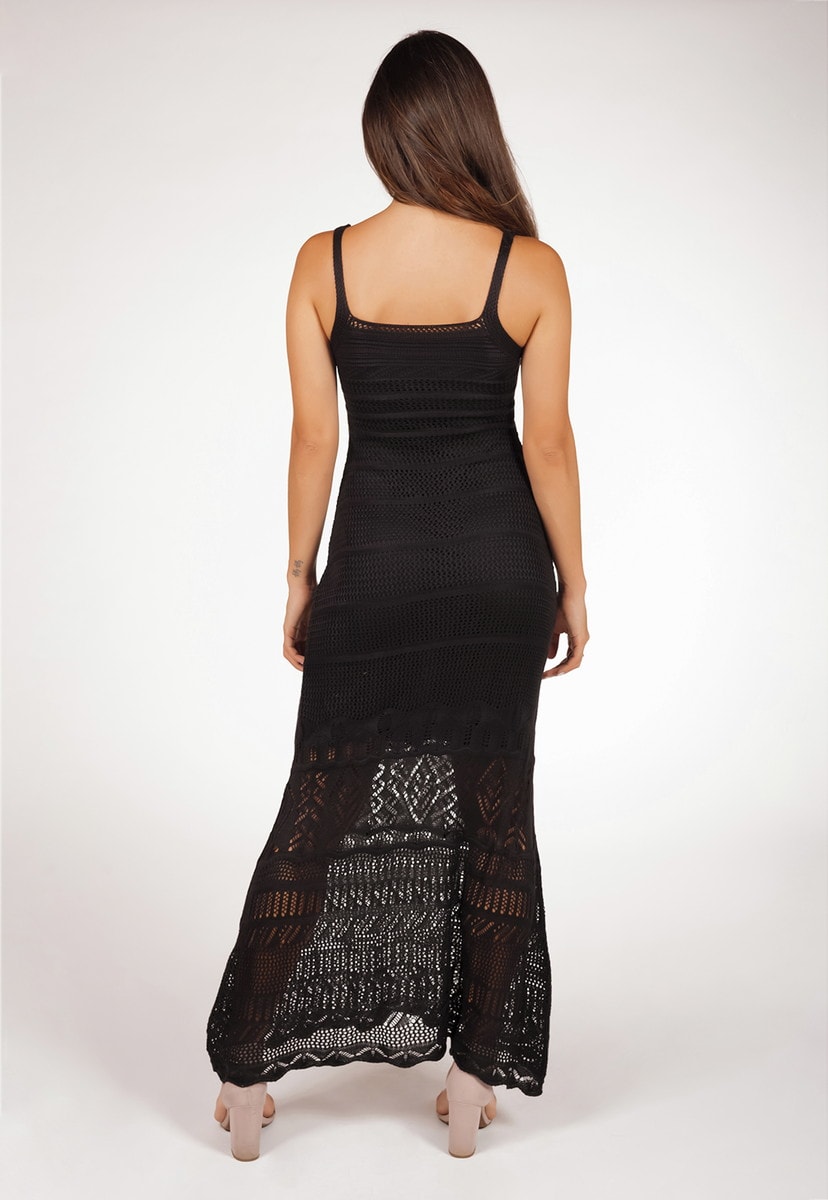 Vestido Longo Pink Tricot Rendado Sereia De Tricô Com Alça Feminino Preto