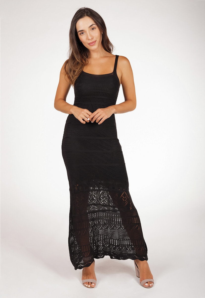 Vestido Longo Pink Tricot Rendado Sereia De Tricô Com Alça Feminino Preto