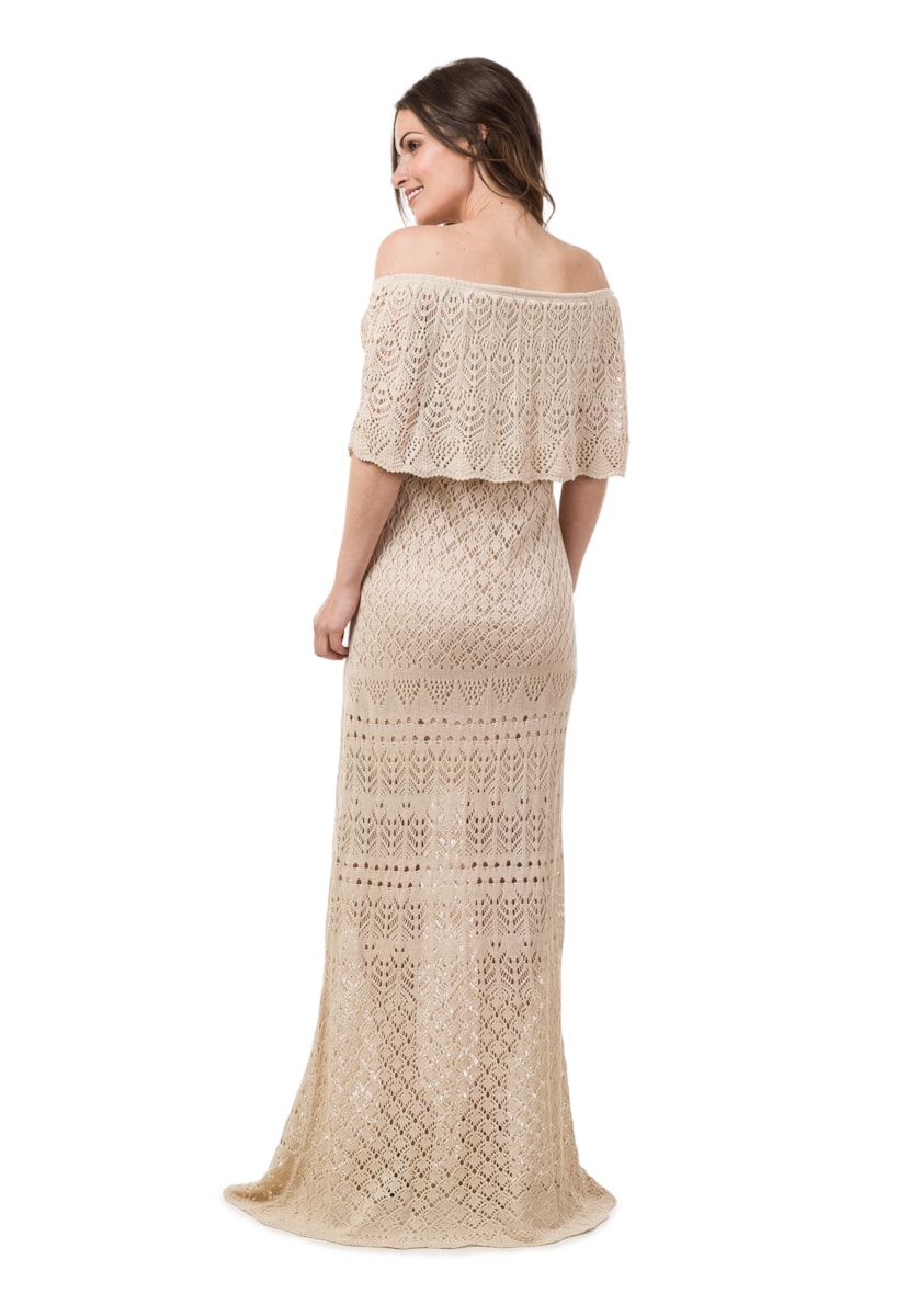 Vestido Longo Pink Tricot (Tricô) Ombro a Ombro Feminino Bege