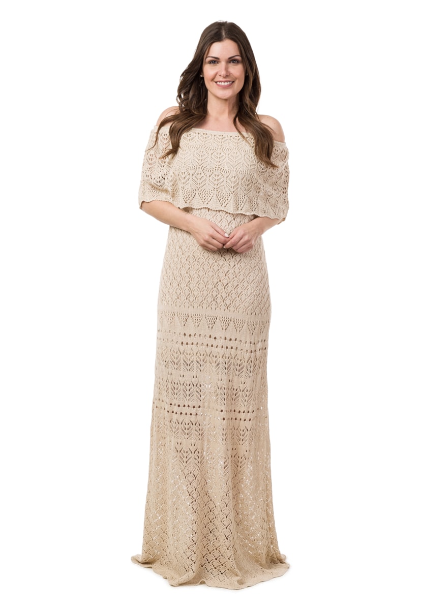 Vestido Longo Pink Tricot (Tricô) Ombro a Ombro Feminino Bege