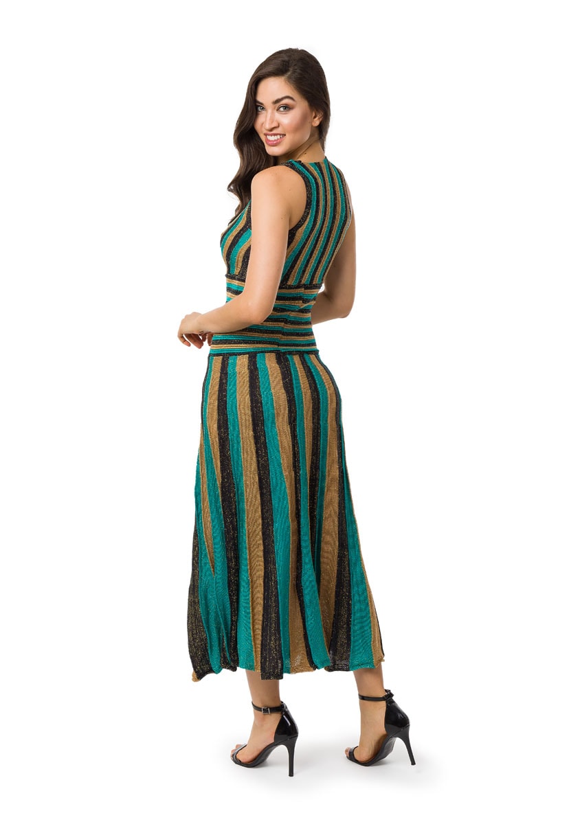 Vestido Longo Pink Tricot (Tricô) Plissado Listrado Feminino Verde