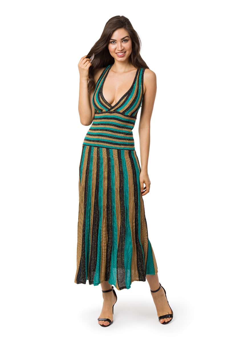 Vestido Longo Pink Tricot (Tricô) Plissado Listrado Feminino Verde
