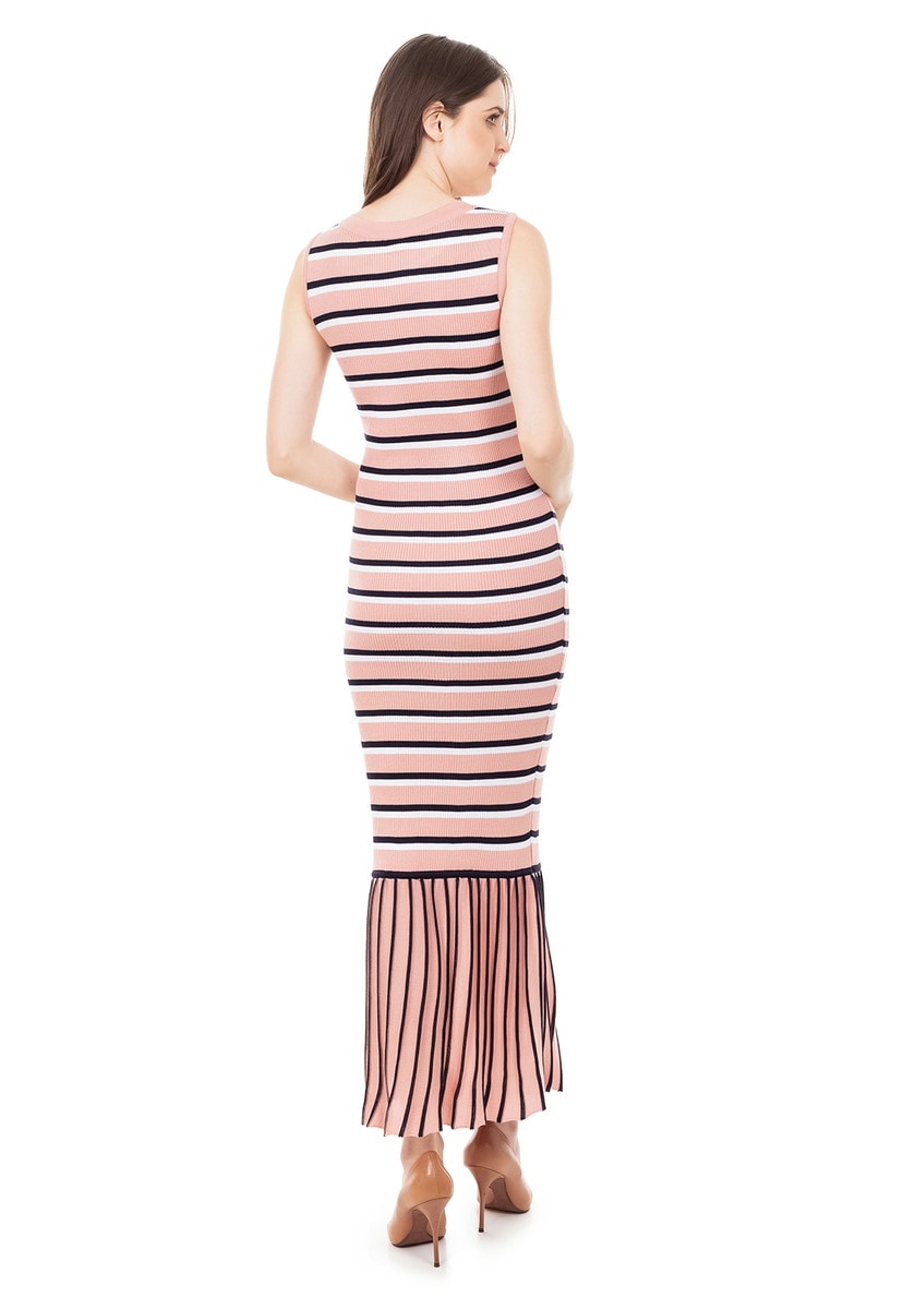 Vestido longo Pink Tricot Tubinho Canelado Listrado Babado na Barra Azul Claro/Marinho