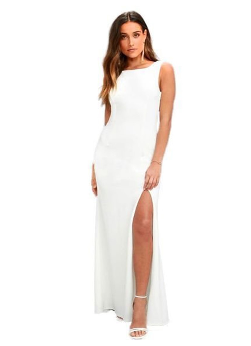 Vestido Longo Regata com Fenda e Decote nas Costas Branco