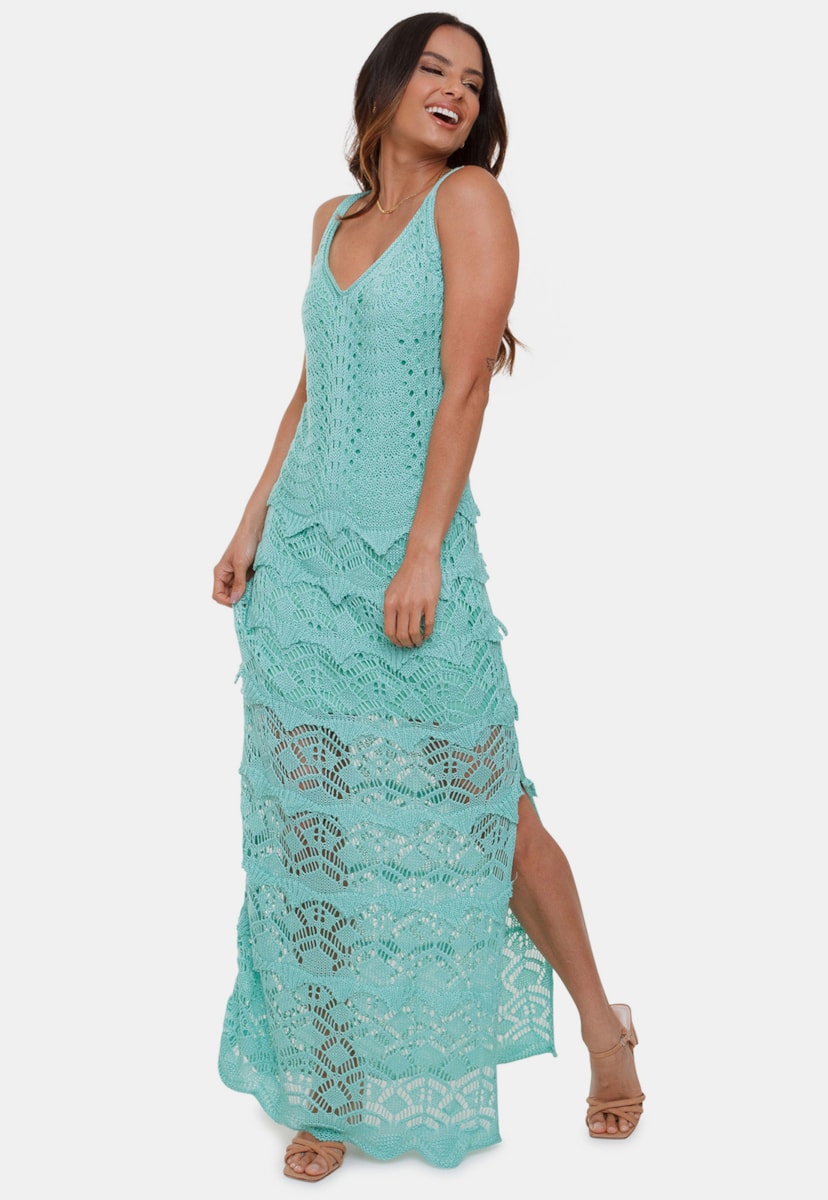Vestido Longo Sereia Pink Tricot Lili de Tricô e Decote V Com Franjas Feminino Verde Claro
