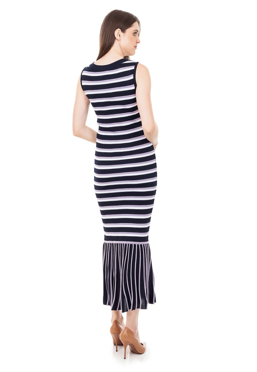 Vestido longo Tricot Canelado Listrado Babado na Barra Marinho/Lilás