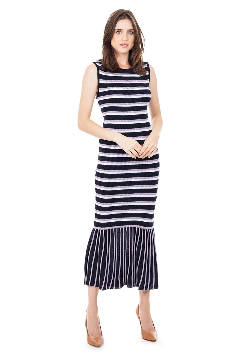 Vestido longo Tricot Canelado Listrado Babado na Barra Marinho/Lilás