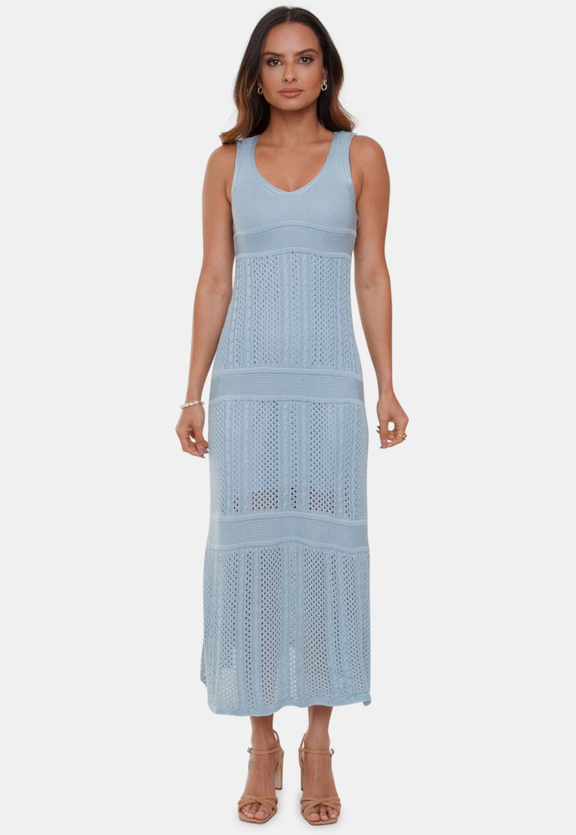 Vestido Longuete Midi Pink Tricot Marina de Tricô Renda e Decote V e Alças Feminino Azul Claro