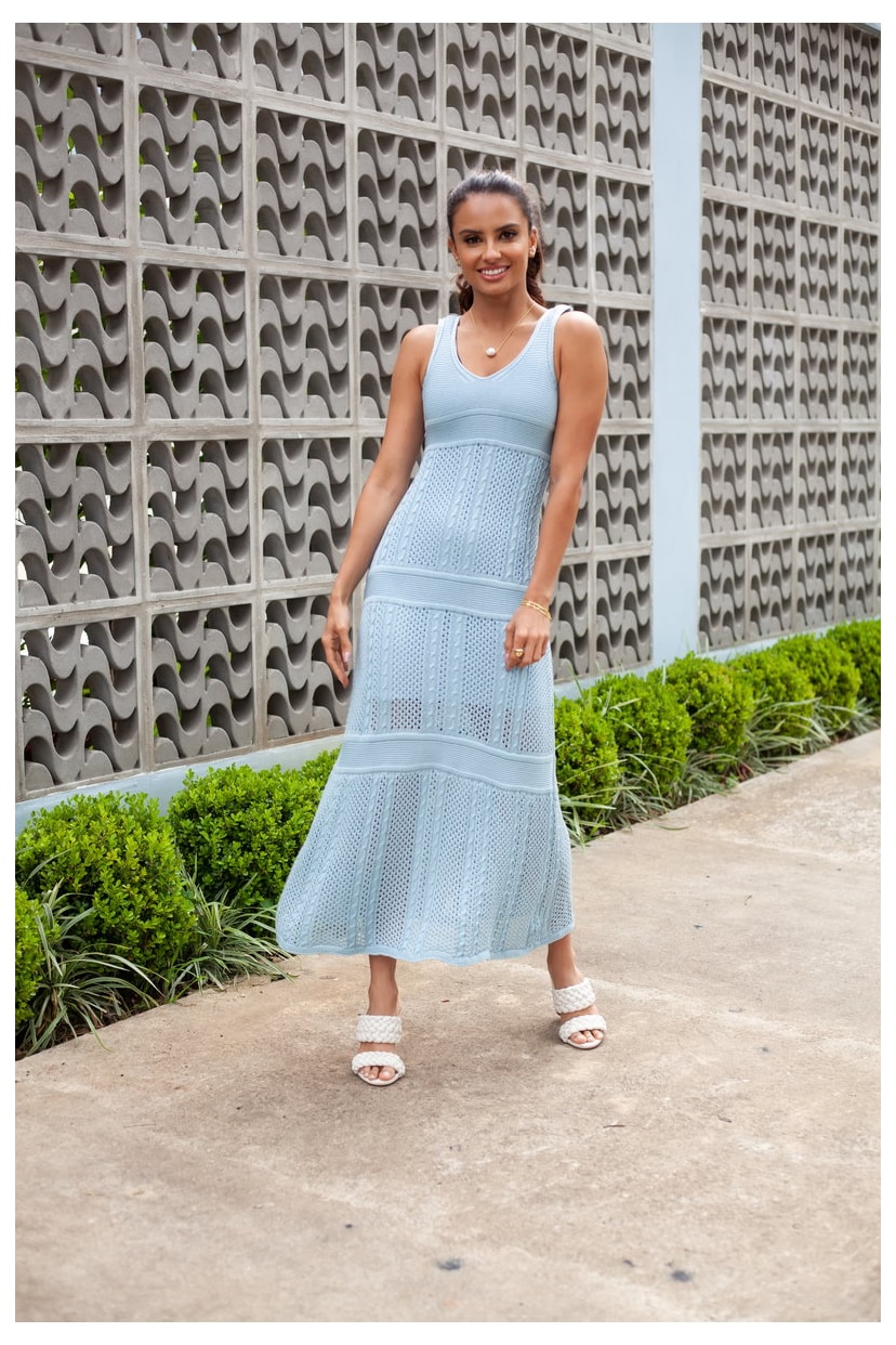 Vestido Longuete Midi Pink Tricot Marina de Tricô Renda e Decote V e Alças Feminino Azul Claro