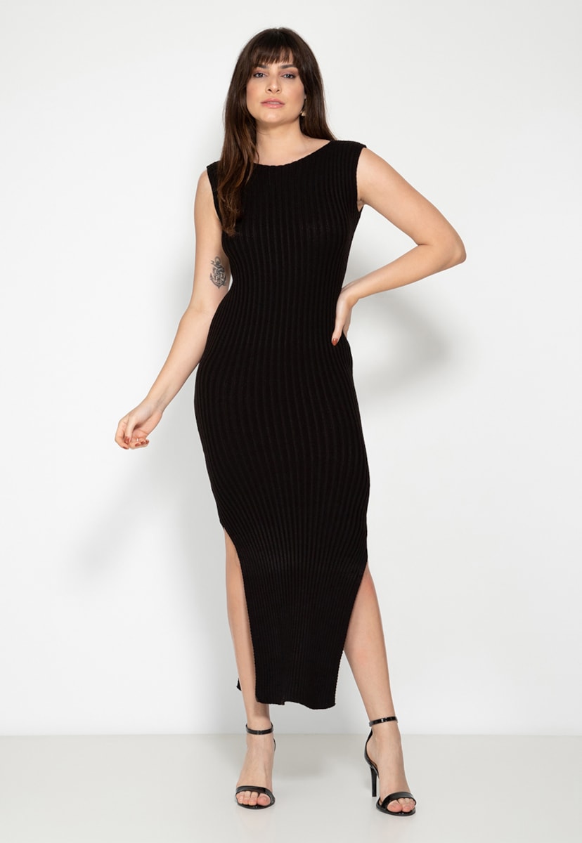 Vestido Longuete Tricô Canelado Fendas Pink Tricot Feminino Preto