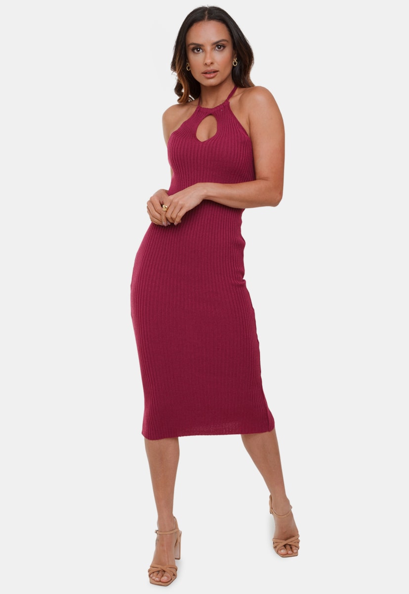 Vestido Midi Canelado Pink Tricot Modal Alexia de Tricô Decote Gota Frente Única Feminino Violeta