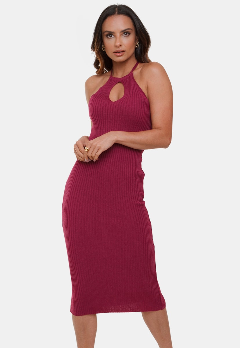 Vestido Midi Canelado Pink Tricot Modal Alexia de Tricô Decote Gota Frente Única Feminino Violeta