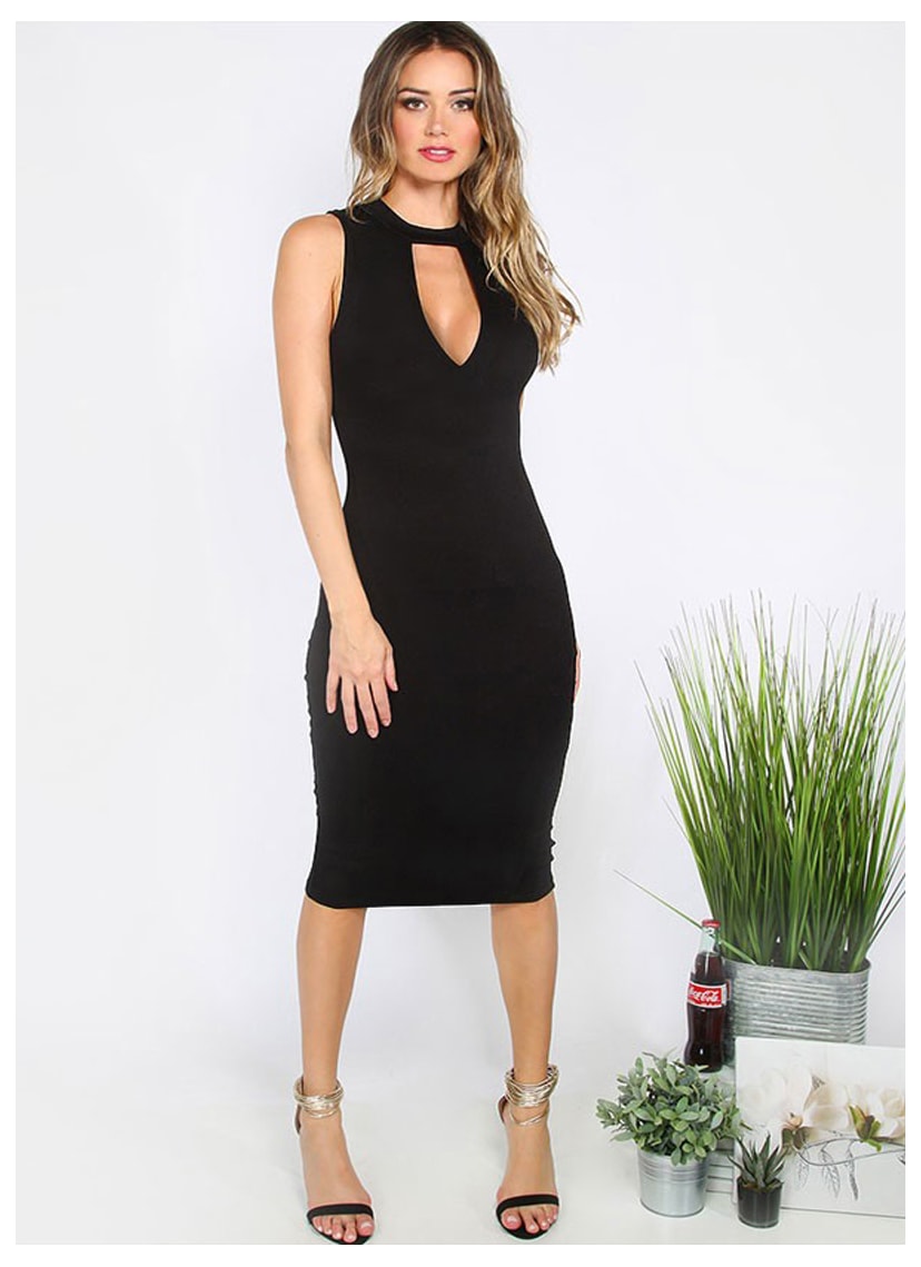 Vestido Midi com Decote Frontal de Festa Feminino Preto