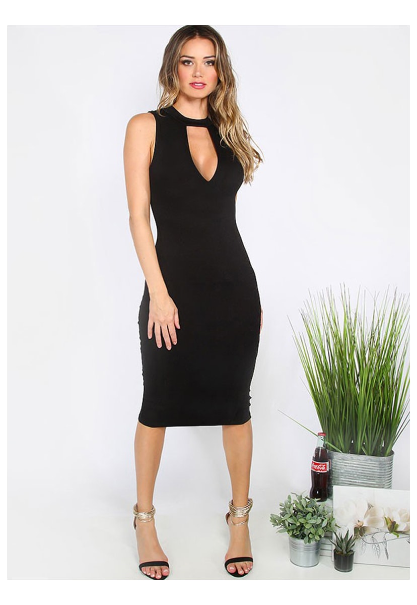 Vestido Midi com Decote Frontal de Festa Feminino Preto