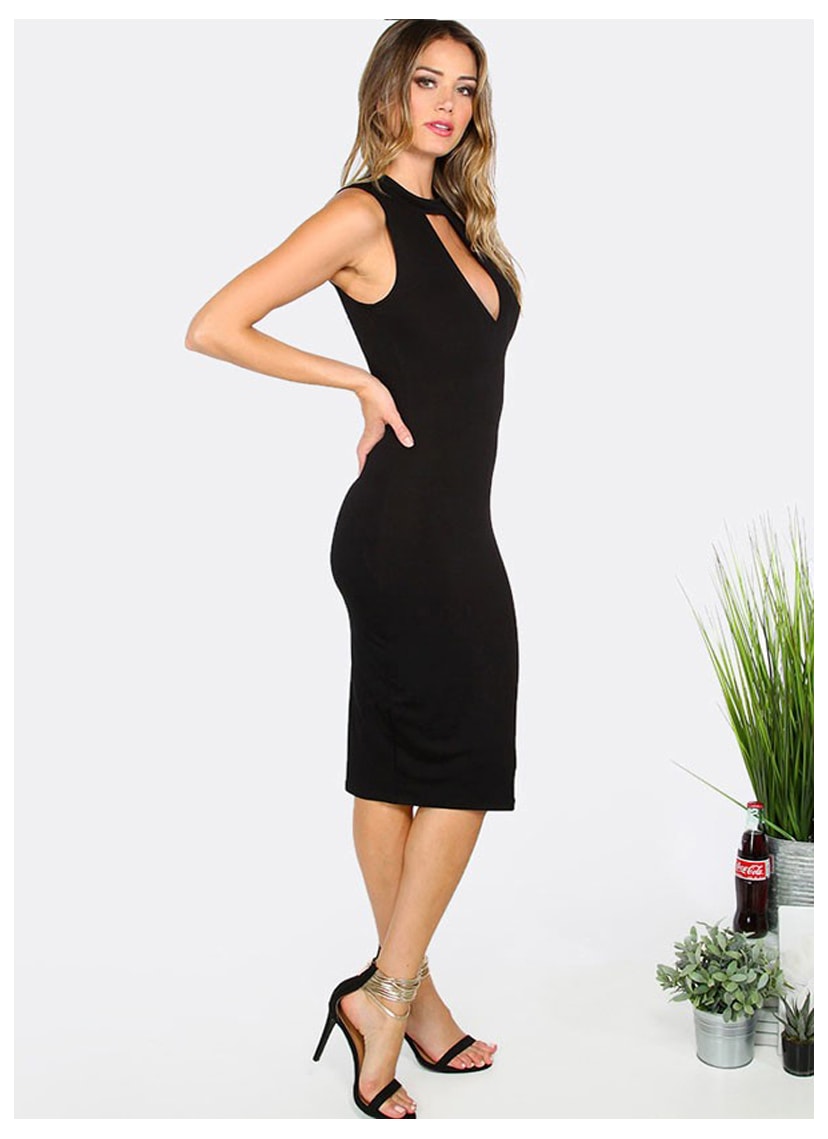 Vestido Midi com Decote Frontal Para Festa De Formatura Feminino Preto