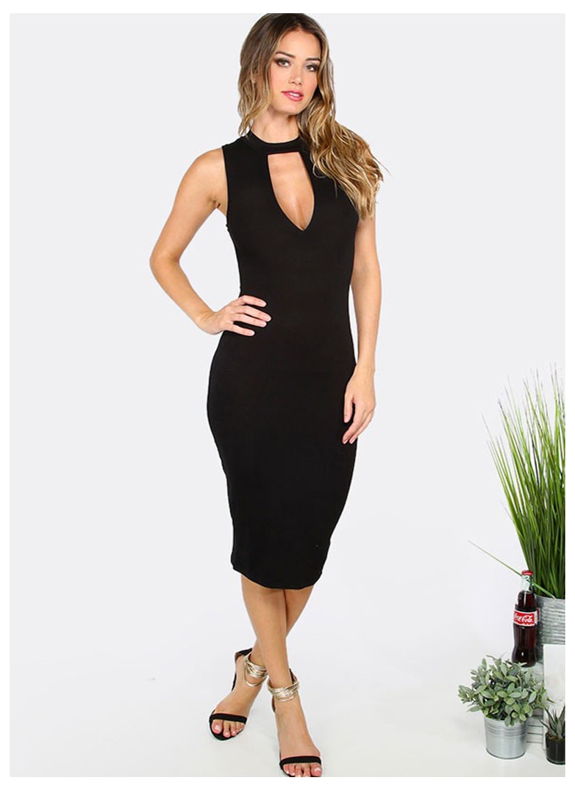 Vestido Midi com Decote Frontal Para Festa De Formatura Feminino Preto