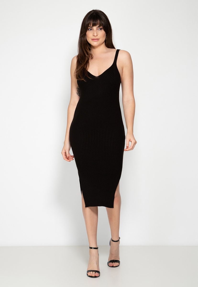 Vestido Midi de Alça de Tricot Canelado e Decote V Feminino Preto