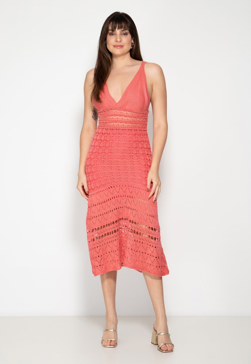 Vestido Midi de Tricô Liso Rendado Pink Tricot Feminino Salmão