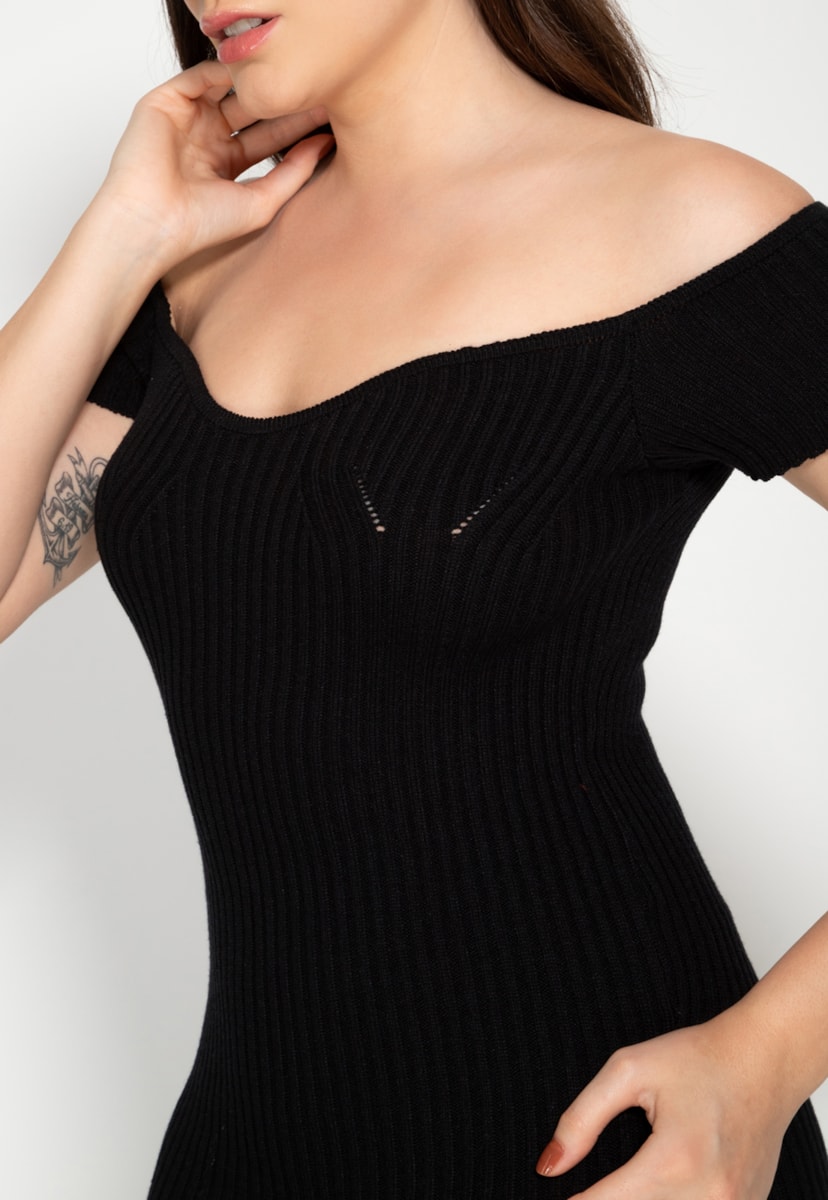 Vestido Midi de Tricô Ombro a Ombro Pink Tricot Feminino Preto