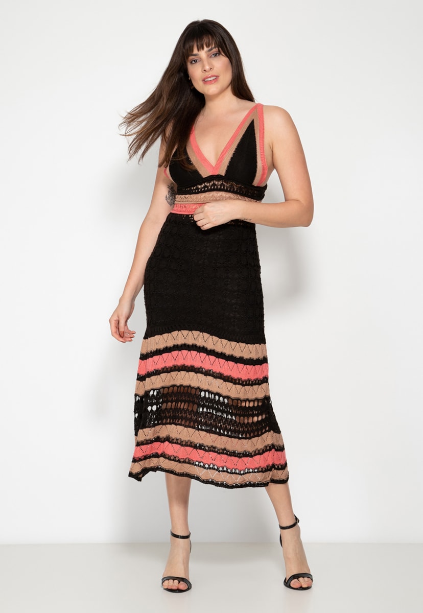 Vestido Midi de Tricô Rendado Listras Pink Tricot Feminino Preto