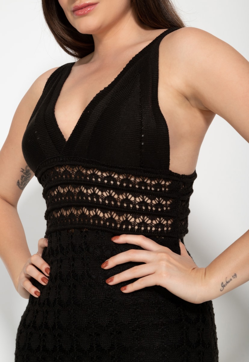 Vestido Midi de Tricô Rendado Pink Tricot de Festa Feminino Preto