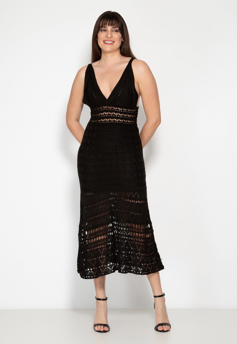 Vestido Midi de Tricô Rendado Pink Tricot de Festa Feminino Preto