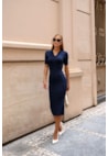 Vestido Midi de Tricot Modal Manga Curta Feminino Azul Marinho